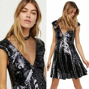 NWT Free People Womens Dance til Dawn Fit & Flare Dress Black Mini Lined Cre…